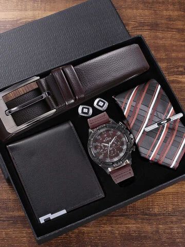 5 Pcs Men Business Watch Set Leather Quartz Watch Belt Wallet Cufflinks Tie Gift Kit online - NewChic Mobile Top Watches For Men, Belt Wallet, Cheap Watches For Men, Watch Cufflinks, Gift Box For Men, Watch Belt, Watch Set, Cadeau Photo, Tie Gifts