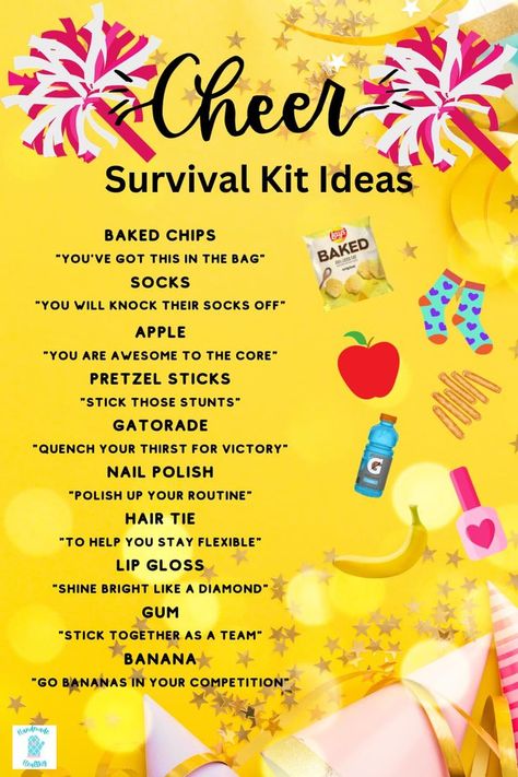 cheer snack bag ideas Cheer Survival Kit Ideas, Snack Bag Ideas, Cheerleading Snacks, Cheer Survival Kit, Cute Cheer Gifts, Cheer Gift Bags, Survival Kit Ideas, Cheerleading Team Gifts, Cheer Spirit Sticks