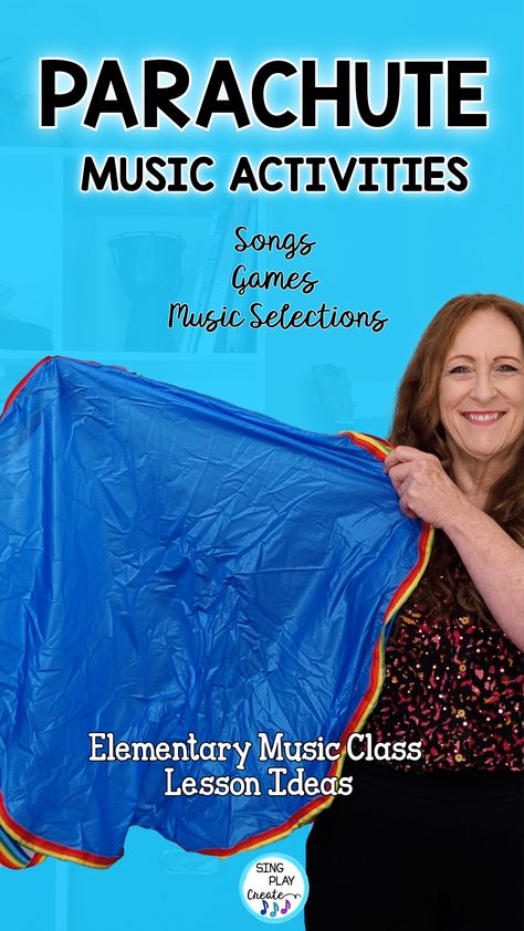 Five parachute music and movement activities K-5 ideas! In today's post I'm sharing five music activities you can use to learn music concepts.  I'm using classical music in this teaching tutorial to teach beat, fast/slow, loud/soft, a story song and a calm down activity using games and movement with the parachute.  LEARN MORE Parachute Music Activities, Dance Activities For Children, Music Study Preschool, Fun Music Activities For Kids, Parachute Songs, Parachute Activities, Wednesday Music, Music And Movement Activities, Kindergarten Music Lessons