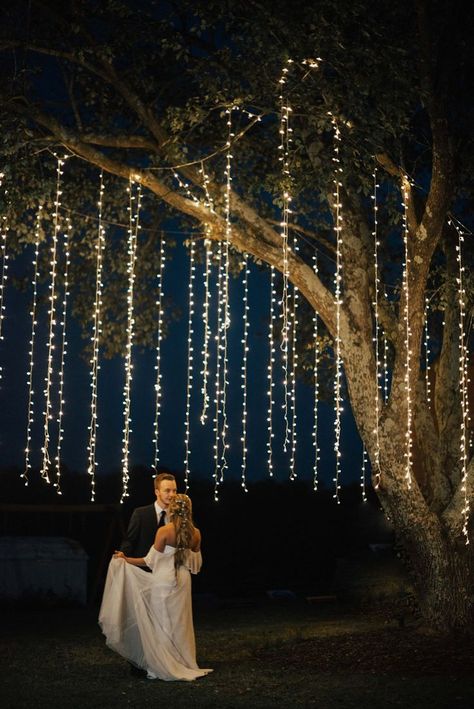 A Rustic Fairytale Wedding in Georgia - A PRINCESS INSPIRED BLOG | Dancing Under Magical Lights Hanging From a Tree Under Tree Wedding Decor, Tree Lights Hanging, Tree With Hanging Lights, Chandelier In Tree Wedding, Fairytale Wedding Backdrop, Hanging Lights In Trees, Light Theme Wedding, Twinkly Lights Wedding Reception, Fall Fairytale Wedding