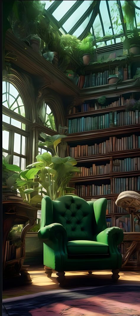 Green chair, library, plants, greenhouse , books , large windows, dark academia Green And Gold Library Room, Plants In Library, All Green Library, Library Aesthetic Green, Green Library Aesthetic, Plant Library Aesthetic, Library With Plants Aesthetic, Greenhouse Library, Library Tattoo