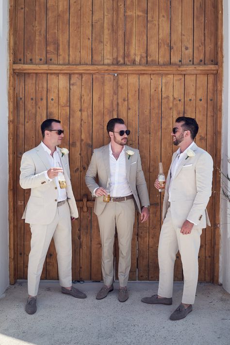 Rocabella Santorini, Tan Groomsmen Suits, Tan Groomsmen, Tan Suit Wedding, Engagement Suits, Married Af, Wedding Groomsmen Attire, Groomsmen Getting Ready, Pallas Couture