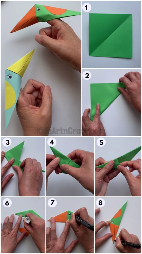 Paper Bird Finger Puppet Craft Tutorial For Kids Check more at https://www.kidsartncraft.com/paper-bird-finger-puppet-craft/ Bird Crafts For Kids Easy, Origami For Kids Step By Step, Bird Finger Puppet, Paper Finger Puppets, Christmas Cards Handmade Diy, Bird Puppet, Bird Craft, Puppet Craft, Paper Bird