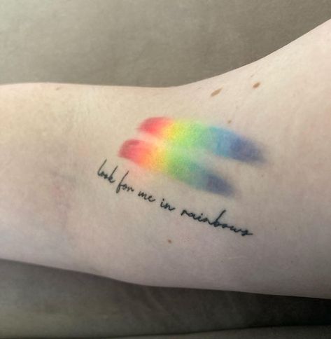 Lady Kylee Rose Cameron 👑 on Instagram: "An actual prism rainbow over my prism tattoo. I’ve actually had this one a few months now, done by @summersancheztattoo" Rainbow Prism Tattoo, Rainbow Memorial Tattoo, Watercolour Rainbow Tattoo, Somewhere Over The Rainbow Tattoo, Rose Cameron, Prism Tattoo, Planets Tattoo, Rainbow Tattoo, Prism Rainbow