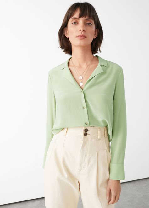 Light Green Shirt Outfit, Green Blouse Outfit, Green Shirt Outfit, Silk Shirt Outfit, Green Shirt Outfits, Light Green Blouse, Light Green Shirt, Silk Button Up, Chic Shirts