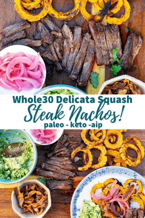 One-skillet meal is a party for your mouth! Steak Nachos made with crispy rounds of delicata squash, avocado crema and crispy skirt steak. #whole30 #paleo #aip #keto Aip Steak Sauce, Aip Summer Squash Recipes, Yellow Squash Recipes Aip, Air Fried Delicata Squash, Paleo Skirt Steak Recipes, Whole30 Delicata Squash, Aip Keto, Whole30 Beef, Steak Nachos