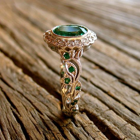 Green Emerald Engagement Ring, Vine Engagement Ring, Emerald Engagement Ring Green, Emerald Wedding Rings, Celtic Wedding Rings, Sapphire Band, Dream Engagement Rings, Emerald Engagement, Emerald Engagement Ring