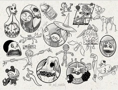 Tim Burton Tattoo Flash Sheet, Sally And Emily Tattoo, Mini Nightmare Before Christmas Tattoo, Halloween Cartoon Tattoo, Creepy But Cute Tattoos, Tim Burton Fine Line Tattoo, Tim Burton Flash Sheet, Nightmare Before Christmas Mayor Tattoo, Nightmare Before Christmas Flash Sheet