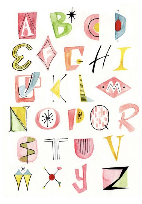 Mid Century Modern Font Alphabet, Mid Century Font Alphabet, Mid Century Lettering, Fun Lettering Ideas, Mid Century Font Typography, Fun Alphabet Fonts, Mid Century Modern Font, Funky Fonts Alphabet, Aesthetic Alphabet Letters