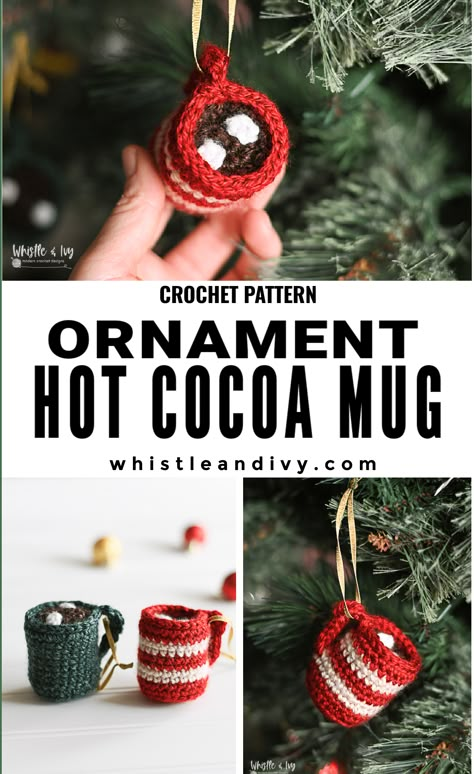 For all the hot cocoa fans! These darling crochet hot cocoa mug ornaments are a cute and quick project to make this season. They make adorable little ornaments for your tree or a lovely item for an ornament exchange. #crochetornament #crochet #moderncrochet #hotcocoa #crochethotcocoa #diyornament #handmadeornament #cutecrochet #christmascrochet #holidaycrochet Hot Cocoa Ornaments, Holiday Crochet Patterns, Crochet Christmas Ornaments Free, Crochet Ornament Patterns, Crochet Christmas Gifts, Crochet Xmas, Ornament Exchange, Crochet Christmas Decorations, Crochet Ornaments