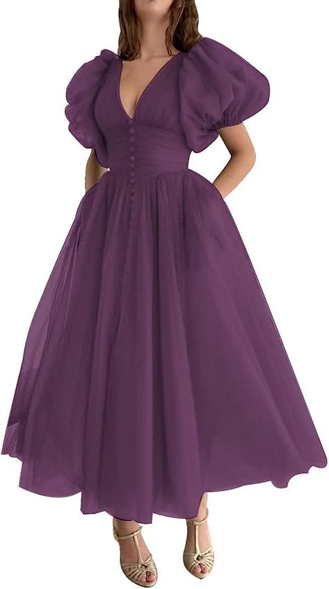 Baloon Sleeves For Frock, Kurta Poses, Tulle Gowns, Sleeve Prom Dresses, Puff Sleeve Gown, Plum Dress, Puffy Dresses, Elegant Blouse Designs, Evening Party Gowns