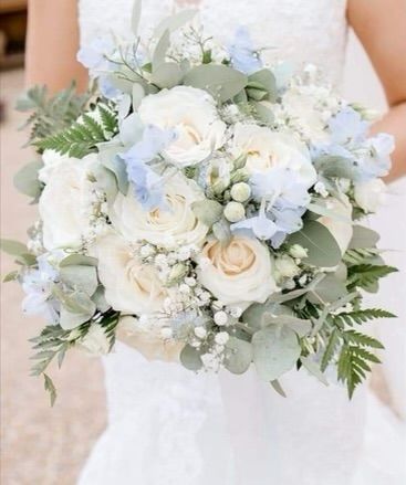 Boutineer Ideas Navy Suits, Pale Blue Wedding Bouquet, Ivory And Blue Wedding Bouquet, Bridal Bouquet With Blue Hydrangeas, Light Blue And Silver Bouquet, Light Blue Hydrangea Wedding Bouquet, Prom Bouquet Ideas Light Blue, Powder Blue Wedding Bouquet, Bouquet Of Flowers Light Blue