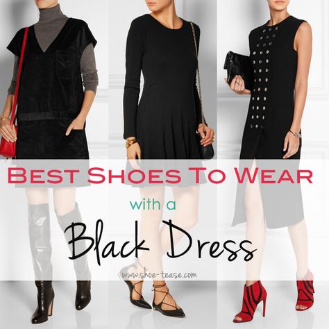 Shoes to Wear with Black Dress Shoes For Long Black Formal Dress, What Shoes To Wear With Below The Knee Dress, Shoes With Black Dress For Wedding, Black Cocktail Dress Classy Jewelry, Shoes To Wear With Cocktail Dresses, Black Dress With Bright Shoes, Black Dress Silver Shoes, What Shoes To Wear With A Black Dress To A Wedding, Black Dress And Shoes Outfit