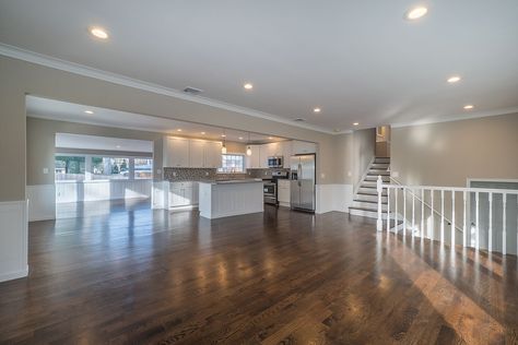 Living Dining Family Room Kitchen Open Concept in a Raised Ranch Style Home Open Concept Raised Ranch, Split Level Home Designs, Kitchen Open Concept, Bi Level Homes, Family Room Kitchen, House Renos, Open Concept Kitchen Living Room, Split Entry, Raised Ranch