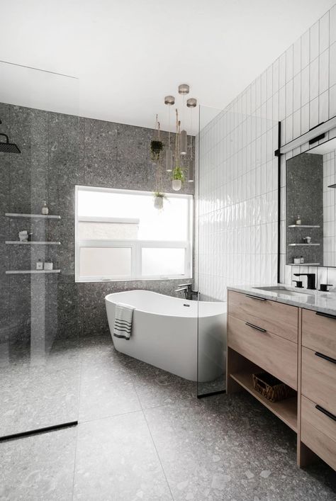 Bankview Townhouse | Bankview Townhouse Grey Terrazzo Tile, Stacked Subway Tile Bathroom, Vertical Subway Tile Bathroom, Grey Terrazzo Bathroom, Terrazzo Bathroom Tiles, Terrazzo Bathroom Design, White Subway Tile Bathroom, Terrazzo Bathroom, Subway Tiles Bathroom