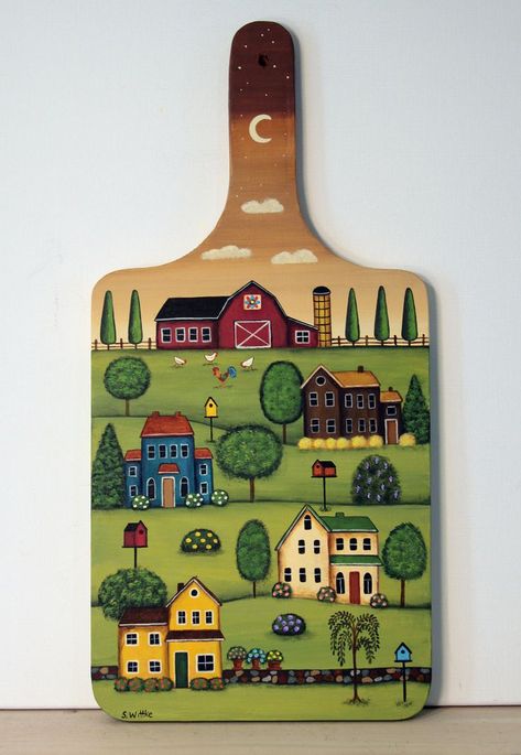 Painted Bread Boards, Primative Paintings Folk Art, Country Folk Art, Folk Art Painting Country, Country House Painting, Primitive Drawings, Folk Art Chicken, Corn Painting, Hilly Landscape