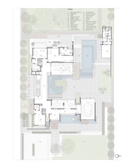 Gallery of Three Trees House / DADA & Partners - 22 Trees House, Modern Tree House, Large Floor Plans, Architectural Floor Plans, Villa Plan, Courtyard House, Row House, Ground Floor Plan, Room Planning