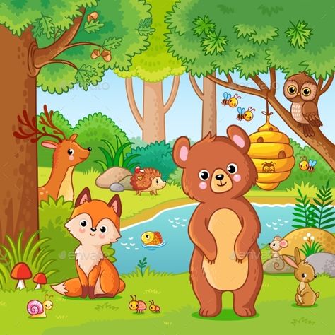 Fox and Bear in the Forest #Fox, #Bear, #Forest Games For Learning, Forest Drawing, Picture Composition, 동화 삽화, Cartoon Bee, Animal Coloring Books, Cartoon Background, Fox Art, Book For Kids