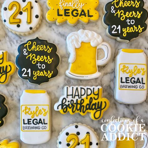 Beer themed 21st birthday cookies Custom Birthday Cookies, 21st Birthday Cookies, 21st Birthday Beer Cake, 21st Birthday Boy, Beer Cookies, Birthday Beer Cake, 21st Birthday Themes, Guys 21st Birthday, Cookie Shop