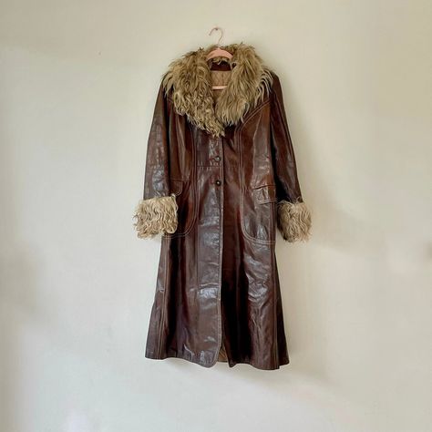 1970s Penny Lane Leather & Fur Trim Long Coat in Brown With Angora Fur - Etsy Brown Fur Coat With Faux Fur Trim, Vintage Leather Fur Coat, 70s Fur Trim Coat, Retro Brown Fitted Fur Coat, Penny Lane Coat, Brown Vintage Fur Coat With Faux Fur Trim, Brown Leather Coat, Fur Trim Coat, Penny Lane