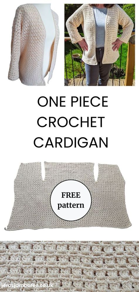 This free one piece crochet cardigan pattern is an easy two-row repeat. The pattern uses a breathable yarn making it ideal for year-round wear. With minimal sewing (only the shoulder seams!) you can customise this one piece crochet cardigan to the length you prefer and the sleeve length. Crochet Cardigan Pattern Free Women, Free Crochet Jacket Patterns, One Piece Crochet, Cardigan Sweater Pattern, Crochet Shawl Diagram, Crochet Cardigan Free, Crochet Jacket Pattern, Yarn Making, Crochet Cardigan Pattern Free