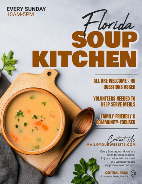 3d Soup Kitchen Flyer (us Letter) | PosterMyWall Soup Design, Event Poster Template, Linkedin Background Image, Kindle Book Cover, Soup Kitchen, Etsy Banner, Campaign Posters, Blog Header, Facebook Event