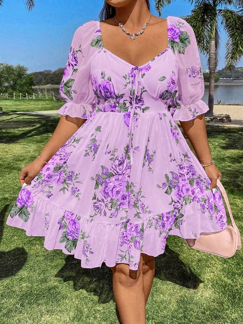 SHEIN WYWH Plus Size Elegant Vacation Dress With Flower PrintI discovered amazing products on SHEIN.com, come check them out! Chiffon Short Gown, Chiffon Short Gown Styles, Simple Chiffon Short Gowns, Purple Dress Short, Flower Print Clothes, Elegant Summer Dresses, Animal Based, Plus Size Summer Dresses, Plus Size Elegant