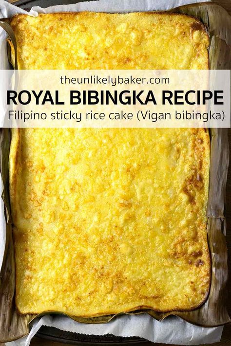 Royal bibingka is a variety of Filipino rice cake popular in the Ilocos region and is made of glutinous rice flour, coconut milk, eggs and cheese. It’s chewy and sticky, not too sweet, delicious! Check out the authentic recipe with lots of tips, FAQs and step-by-step photos for perfect royal bibingka every time. Filipino Rice Cake, Phillipino Food, Filipino Rice, Bibingka Recipe, Ilocos Region, Easy Filipino Recipes, Cassava Cake, Eggs And Cheese, Filipino Food Dessert