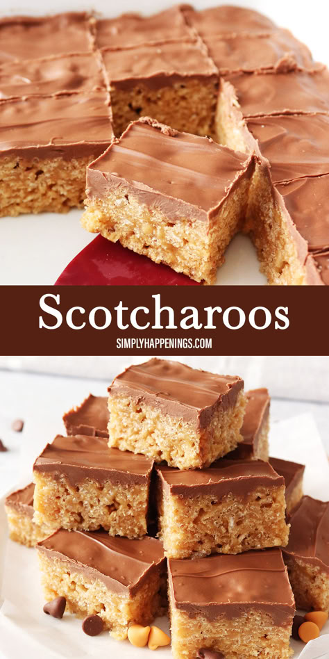 Two images stacked on top of the other showing scotcharoos. The top image shows scotcharoos sliced in a baking dish. A maroon colored spatula is picking up a square. The bottom photo has a stack of scotcharoos layered in 3 rows with butterscotch and milk chocolate morsels scattered around them. Easy Cheerio Bars, What To Make With Butterscotch Chips, Fried Cheerios, Recipes With Butterscotch Chips, Scotcharoos Recipe, Recipe With Peanut Butter, Cheerio Bars, Rice Krispies Cereal, Rice Krispie Bars