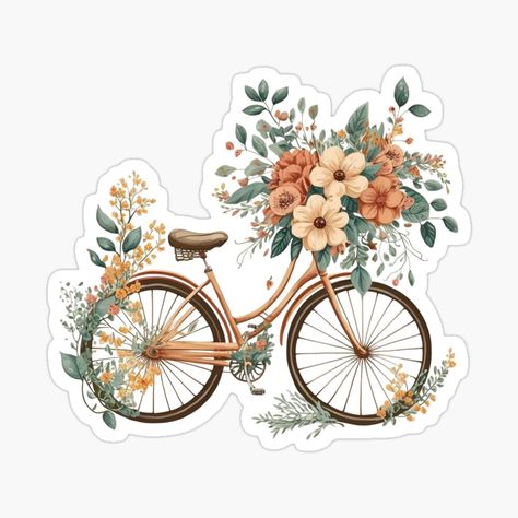 Floral Flowers Stickers, Cottagecore Stickers, Bicycle Stickers, Sticker Design Inspiration, Printable Vintage Art, Scrapbook Printing, Cute Laptop Stickers, Vintage Bicycle, Scrapbook Stickers Printable