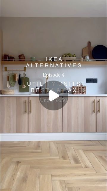 Kerry Kellett on Instagram: "IKEA utility units 🤎✨

First of all, why we did this. 
We wanted the units to match the laundry set up on the other side of the room. The IKEA Besta in whitewashed Oak with the PAX and Forsand doors are the perfect match.

The Besta units are stood proud of the back wall so that they lineup with the front of the PAX unit. 
We built a ladder frame to slot in behind and support the units, the worktop then sits on top of this.

What we used:
1x 100cm PAX in white washed oak with Forsand doors
2x 120cm Besta units
All internal storage £340

We purchased our worktops from @howdensjoinery 
You can get a similar laminate from @ikeauk with a splash back for £155

HAVSEN sink £115

My handles are from @hendelandhendel *pr product 
KERRY10 saves you 10%

#ikea #ikeahack Laundry Room Ideas Ikea, Ikea Utility Room, Ikea Utility, Ikea Laundry Room Ideas, Ikea Laundry, Whitewashed Oak, Ikea Laundry Room, Utility Room Storage, White Washed Oak