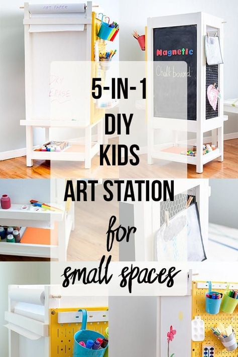 Love this idea! A fun DIY kids art station with organization, magnetic chalkboard, white board, art display, art paper holder and art supply organization. Perfect for small homes with no wall space to create a children's art station. #kidsroom #kidsactivities Diy Kids Art Station, White Board Art, Kids Art Station, Diy Kids Art, Displaying Kids Artwork, Art Display Kids, Art Supply Organization, Magnetic Chalkboard, Kids Art Supplies