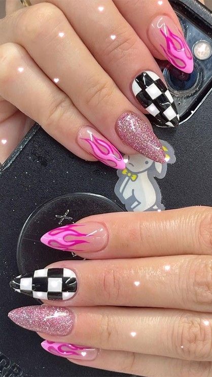 Edm Concert Nails, Edm Festival Nails, Lost Lands Nails, Alternative Nail Ideas, Rave Nails Acrylic, Summer Nails Black, Black Pink Nails, Nails Black Pink, Summer French Tip Nails