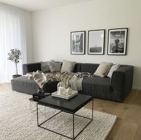 Apartment Decorating With Grey Couch, Living Room Small Grey Couch, Grey And Black Sofa Living Room Ideas, Grey Living Room Ideas Minimalist, Small Window Living Room Ideas, Black Couch Apartment Living Room, Grey Couch Black Furniture, Grey L Sofa Living Room, Dark Gray Sofas Living Room Decor