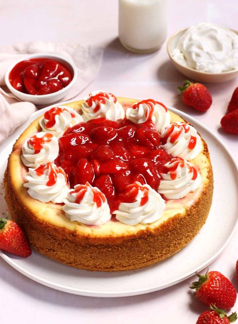 Strawberries and Cream Cheesecake - Scientifically Sweet Strawberry Cheesecake Decoration, Cheesecake Designs, Strawberries And Cream Cheesecake, Bakery Photoshoot, Cheesecake Birthday, Scientifically Sweet, Cheesecake Decoration, Cheesecake Strawberry, Chocolate Yogurt