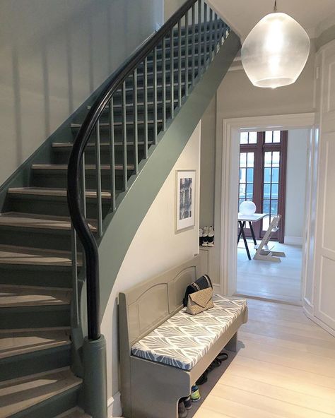 Green is my favourite colour 🌿🌿 Our beautiful old staircase is painted in ‘Green smoke’ from @farrowandball I was very inspired by the… Green Staircase Ideas, Green Painted Staircase, Green Stairs Painted, Green Skirting Boards, Royal Foyer, Green Painted Stairs, Green Staircase, Farrow Ball Green, Green Stairs