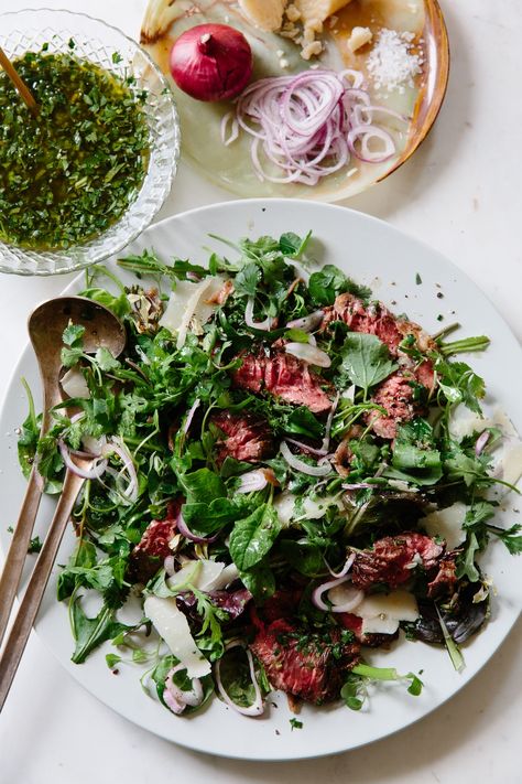 Recipe: Hanger Steak with Dandelion, Arugula, and Grana Padano — Recipes from The Kitchn Dandelion Greens Recipes, Dandelion Greens, Steak Bites Recipe, Beef Meals, Chimichurri Recipe, Hanger Steak, Bitter Greens, Weekday Dinner, Potato Bites