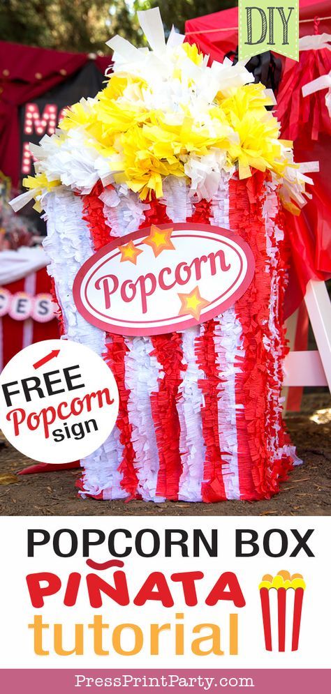 POPCORN BOX PINATA DIY. How to make a pinata like a popcorn box for a movie night. Great movie nights ideas. Birthday Circus party ideas. With free printable popcorn sign. DIY tutorial Homemade. by Press Print Party! #pinata #movienight Make A Pinata, Popcorn Sign, Backyard Movie Night Party, Homemade Pinata, Diy Movie Night, Pinata Diy, Movie Night Birthday Party, Piñata Ideas, Movie Themed Party