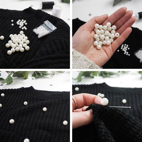 DIY Pearl Embellished Jumper - step by step Diy Beading Clothes, Beaded Sweater Diy, Diy Snowflake, Rhinestone Sweater, Diy Sweater, Snow Flakes Diy, Hello December, Pearls Diy, Beaded Sweater