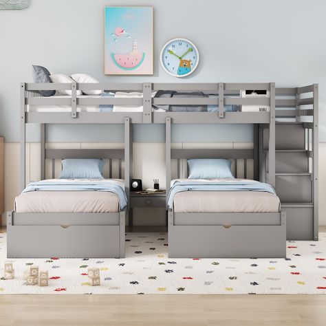 3 Bed Bedroom Ideas Small Rooms, 3 People Bedroom, 3 Beds One Room Kids, 3 Bed In One Room Ideas, Bunk Beds For 3, Stairs And Storage, Kids Triple Bunk Beds, Beds With Stairs, Beds Frame