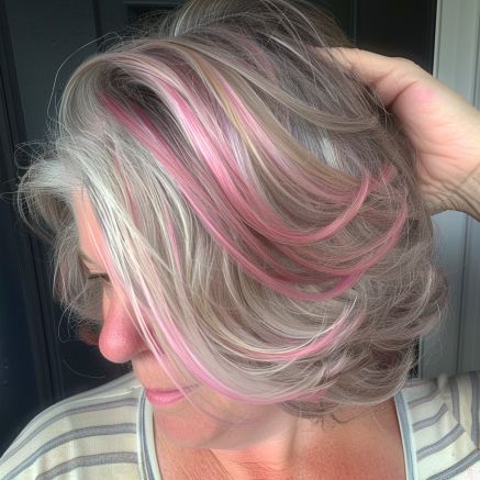 Pink Highlights In Grey Short Hair, Natural Grey Hair With Pink Highlights, Blonde Hair With Pale Pink Highlights, Pink And White Hair Color, Color Streaks In Gray Hair, Pink On Grey Hair, White Hair With Colored Highlights, Pink Hair Over 50, Subtle Pink Highlights Blondes