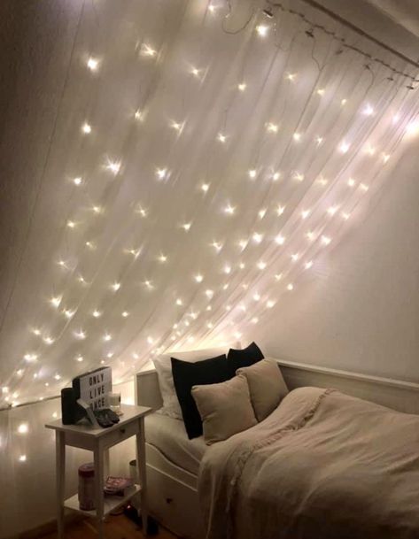 Room Aesthetic Slanted Ceiling, Slanted Bedroom Ceiling Decor, Fairy Lights Bedroom Slanted Ceiling, Slanted Ceiling Bedroom Lights, Decor For Rooms With Slanted Ceilings, Room Decor Slanted Walls, Slanted Ceiling Ideas Decorating, Fairy Lights Slanted Ceiling, Slanted Bedroom Walls