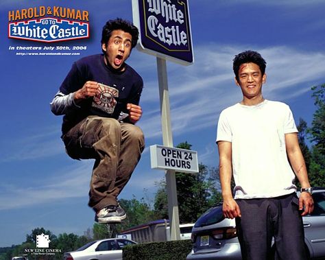 Kal Penn and John Cho in Harold and Kumar Go to White Castle  .....all their movies are hilarious 2000s Party Theme, Harold And Kumar, Jd And Veronica, Castle Movie, Movies Wallpaper, John Cho, White Castle, New Line Cinema, Seriously Funny