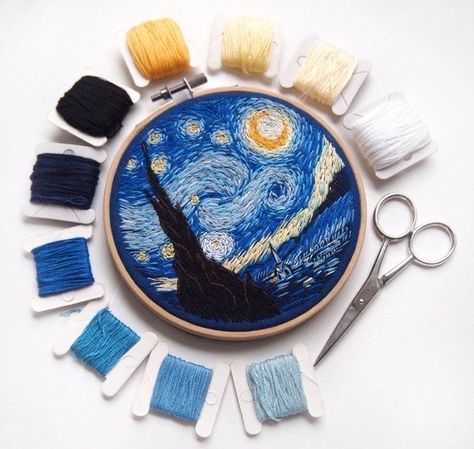 Starry Night Embroidery, Van Gogh Embroidery, Night Embroidery, Embroidery Wall Decor, فنسنت فان جوخ, Vincent Van Gogh Starry Night, Clothes Embroidery Diy, Embroidery Wall, The Starry Night