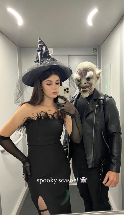 Couple Witch Halloween Costumes, Couple Halloween Costumes Grim And Malaria, Witch Costume Couple, Witch And Broom Costume Couple, Couples Witch Costume, Wizard And Witch Couple Costume, Witch And Wizard Couple Costume, Couples Witch And Warlock Costume, Witch Couples Costume Ideas