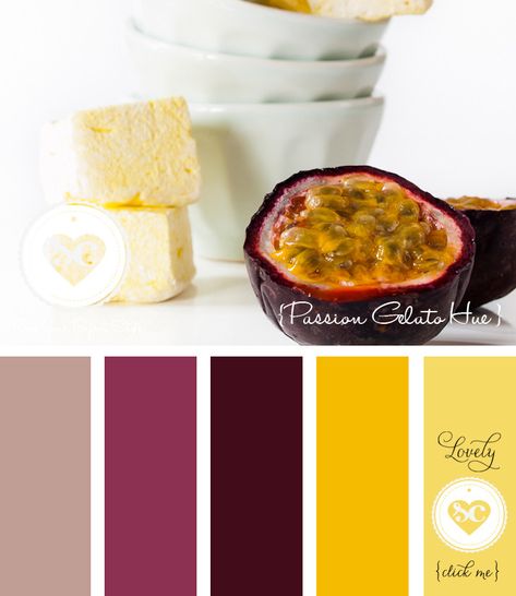 Passionfruit Color Palette, Passion Fruit Color Palette, Fruit Palette, Color Thesaurus, Drawing Resources, Paint Color Combos, Fruit Nails, Colour Pallets, Brand Color Palette