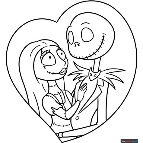 Free Jack and Sally from Nightmare before Christmas Coloring Page for Kids Jack And Sally Clipart, Jack And Sally Coloring Pages Free Printable, Simple Jack And Sally Tattoo, Jack And Sally Coloring Pages, Disney Couples Coloring Pages, Sally Nightmare Before Christmas Drawing Easy, The Nightmare Before Christmas Sketch, Jack Skellington Coloring Pages, Nightmare Before Christmas Coloring Page Free Printable