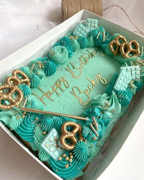 21st Birthday Sheet Cake, 2024 Cake Trends, Rectangular Birthday Cake, Rectangle Cake Designs, Elegant Sheet Cake Designs, Teal Birthday Cake, Rectangle Cakes, Number 3 Cake, Graduation Sheet Cakes