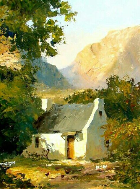 South African Art, South African Artists, Impressionist Landscape, African Artists, Cottage Art, Landscape Art Painting, 수채화 그림, Plein Air Paintings, In The Mountains