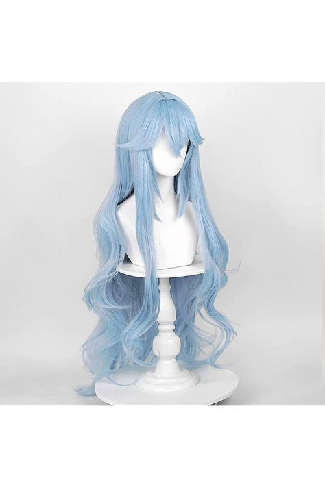 Cute Blue Hair Ideas, Ice Blue Wig, Long Light Blue Hair, Rei Ayanami Long Hair, Blue Hair Cosplay, Blue Hair Wig, Light Blue Accessories, Ice Mermaid, Light Blue Wig